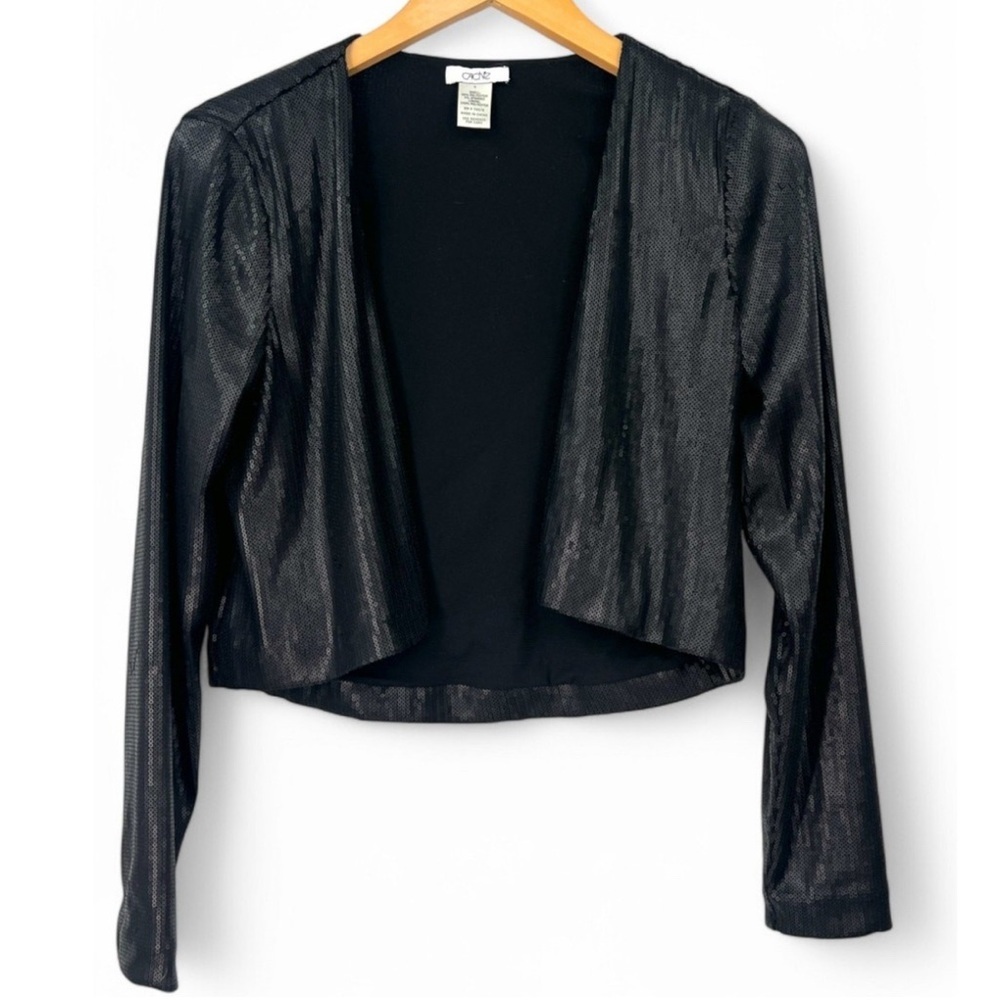 Vintage Cache Sequin Jacket Cardigan Cropped Matte Black Open Front Womens